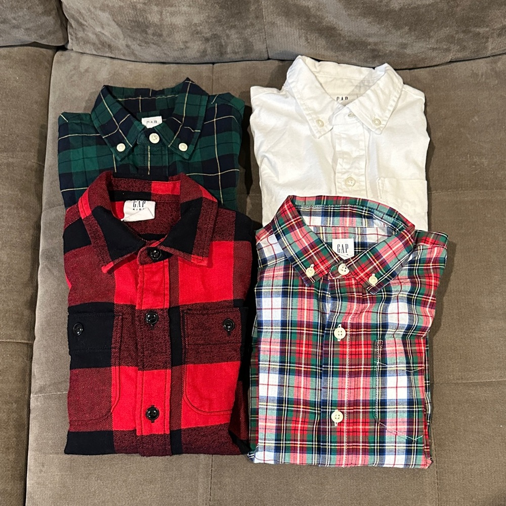 GAP Bundle Boys Assorted Green/Red Plaid and White 4-Button-Up Shirts 👕 Size XS